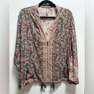 Free People Winlflowers Printed Cinched Kimono Zip Up Jacket Art XS/S Oversized
